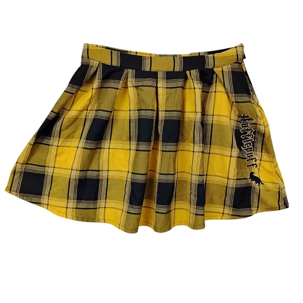Harry Potter Hufflepuff Pleated Skirt Size XL Yellow and Black Plaid Side Zipper